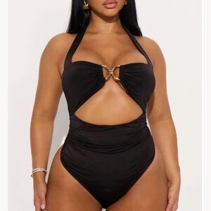 NWT Fashion Nova Black One-Piece Swimsuit with Gold Ring Detail